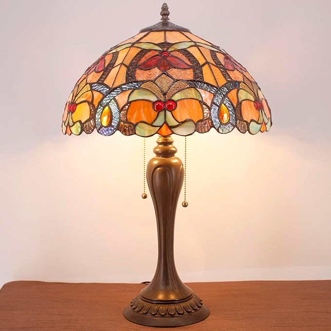 WERFACTORY Tiffany Table Lamp Orange Stained Glass Bedside Lamp 16X16X24 Inches Desk Reading Light Resin Base Decor Bedroom Living Room Home Office S617 Series