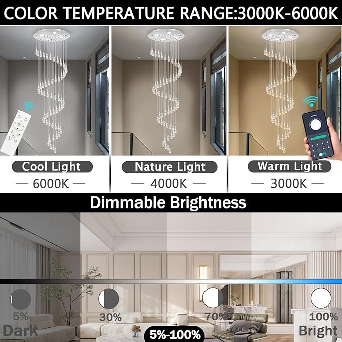 56-Lights 20 Feet Large Modern Chandelier LED Light Fixtures High Ceiling Long Light Chandelier for Entrance Foyer Dimmable Lights with Remote Living Room Ceiling Pendant Lighting Shine Silver
