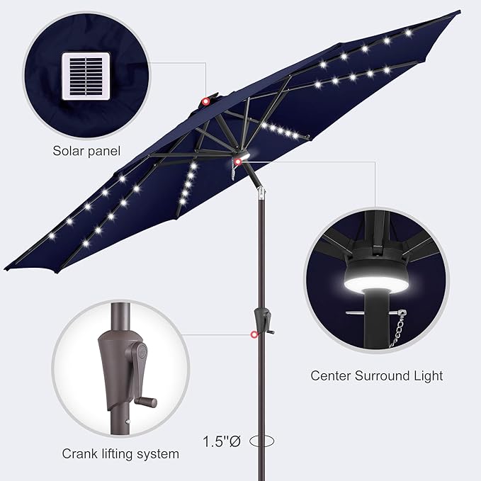 10ft Solar Umbrella Outdoor - Lighted Solar Patio Umbrella with 40 LED Lights Waterprool UV Protection, Table Umbrella with Tilt for Pool, Porch, Garden, Deck, Backyard (Navy Blue)