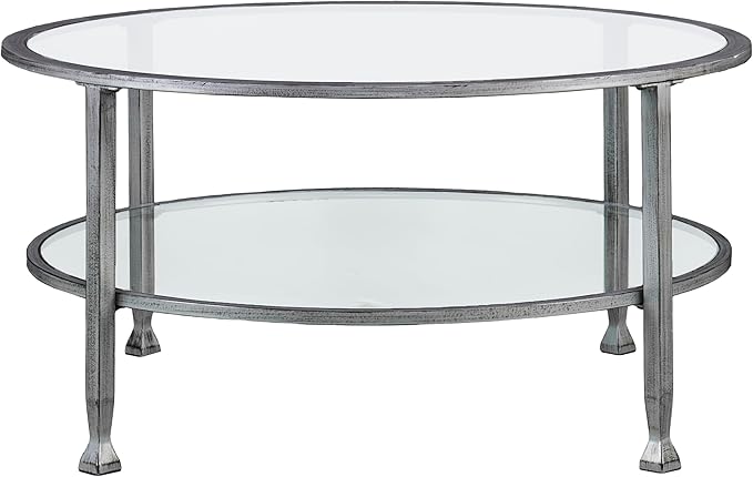 SEI Furniture Jaymes Metal & Glass 36" Round 2-Tier Coffee Table, Silver/Black Distressing