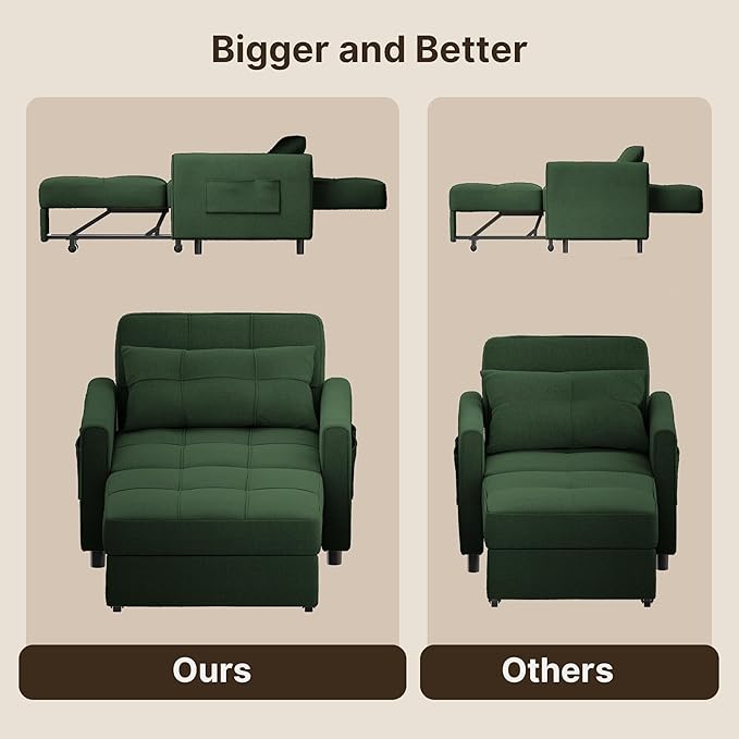 Gizoon Sofa Bed Chair 3 in 1 Convertible, Pullout Single Sleeper Chair Bed with Adjustable Backrest, Spacious Multifunctional Sofa Couches for Living Room, Bedroom, Apartment