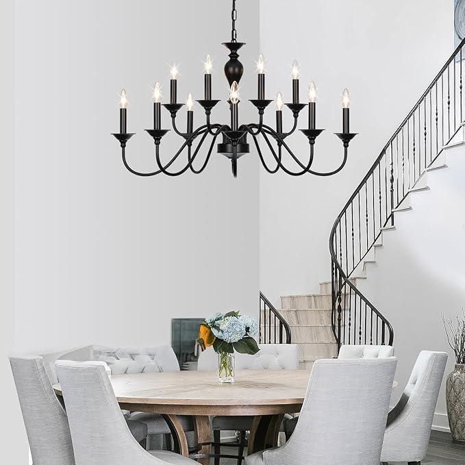 Black Farmhouse Chandeliers for Dining Room Light Fixtures Over Table, 12 Light Industrial Candle Hanging Chandeliers for Living Room Kitchen Island Foyer Staircase