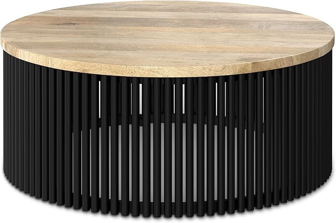 SIMPLIHOME Demy Coffee Table - 35 inch Wide Solid Wood Industrial Contemporary Round Cocktail Table in Natural and Black, Sculptural Living Room Table with Powder Coated Metal Base, Assembled