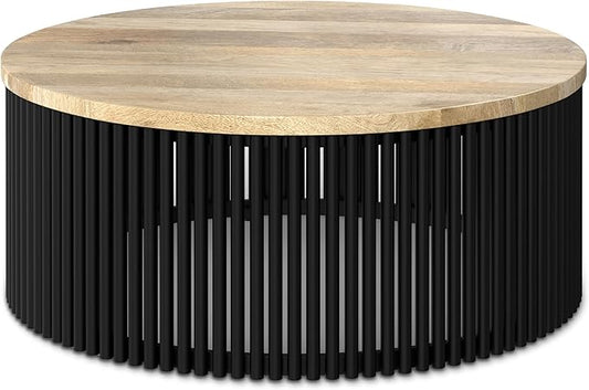 SIMPLIHOME Demy Coffee Table - 35 inch Wide Solid Wood Industrial Contemporary Round Cocktail Table in Natural and Black, Sculptural Living Room Table with Powder Coated Metal Base, Assembled