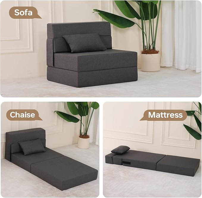 Fvkind Folding Sofa Bed, Foldable Sleeper Chair with Pillow, Convertible Fold Out Chair Bed with Washable Cover, Foldable Mattress for Living Room, Bedroom, Guest Room, Single Size, Dark Grey