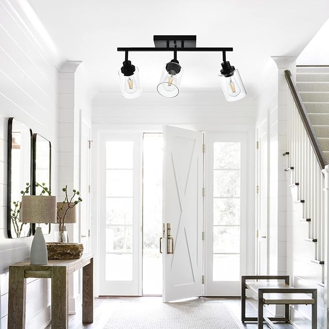 MELUCEE 3 Light Bathroom Vanity Light Black Track Lighting Fixtures Ceiling, Vanity Lighting Fixtures with Rotatable Track Head for Hallway Porch Foyer Bath Storage, Clear Glass Shade