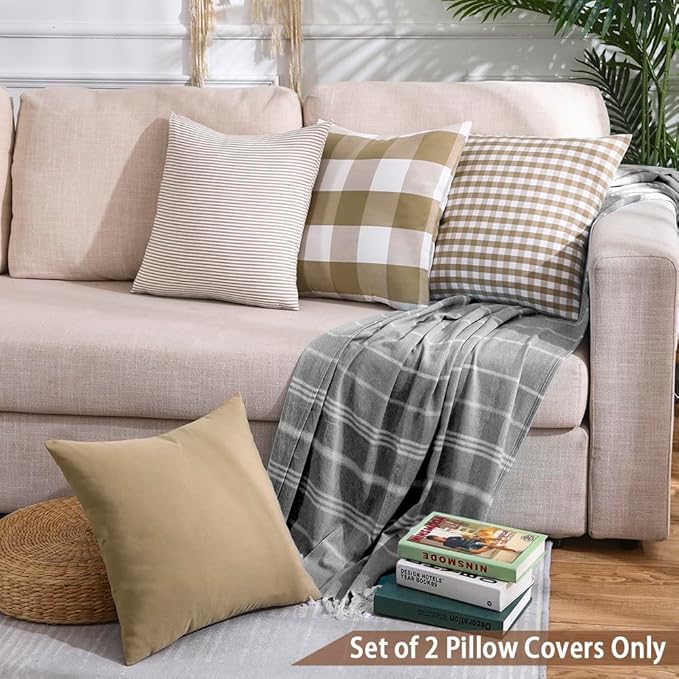 CARRIE HOME Modern Farmhouse Decor Brown Buffalo Plaid 20x20 Pillow Covers Set of 4, 20 x 20 Brown Throw Pillow Cover, Khaki Buffalo Check Decorative Cushion Pillows for Bedroom and Living Room