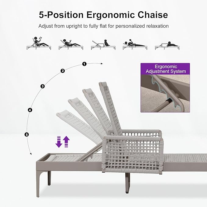 PURPLE LEAF 3 Pieces Outdoor Chaise Lounge Set Rattan Wicker Lounger with Arms Poolside Furniture Adjustable Recliners Patio Lounge Chairs for Beach Yard Garden Balcony, Champagne