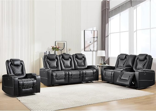 ANJ Living Room Furniture Sets,Power Upholstered 3 Seat Recliner Sofa & Loveseat & Recliner Chair with USB Ports and Cup Holders - PU Leather Reclining Couch with Hidden Arm Storage(Black)