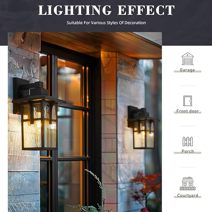 zeyu 15.4 Inch Outdoor Wall Lighting Fixtures, Exterior Black Light Fixture for Patio Garage, Die-Cast Aluminum with Water Ripple Glass, Black Finish, ZX1B-SW BK