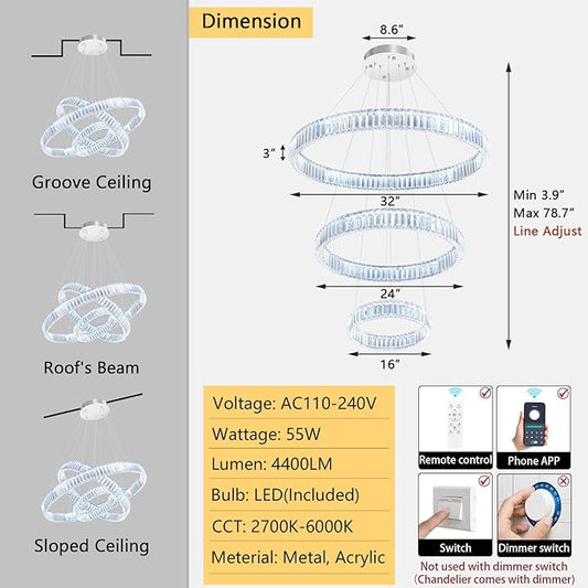 16‘’+24‘’+32'' Modern Ring Chandelier Crystal Chandeliers for Dining Room Round LED Dimmable Ceiling Light Fixture for Living Room Bedroom Lighting Gold