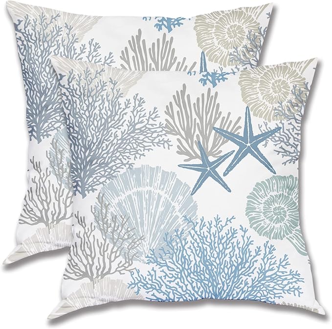 BETGINY Coastal Throw Pillow Cover 20 X 20 Inch Pack of 2, Summer Ocean Themed Pillow Covers Square Cushion Farmhouse Seashell Starfish Beach Pillow Cases for Bedroom Living Room Patio