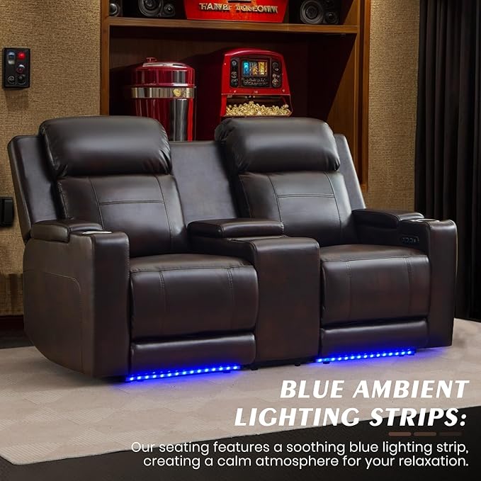 Power Reclining Loveseat with Console, Power Loveseat Recliner Sofa with Adjustable Headrest/LED Light/Wireless Charging/Arm Storage, Power Recliner Loveseat for Living Room (Brown, 2 Seater)