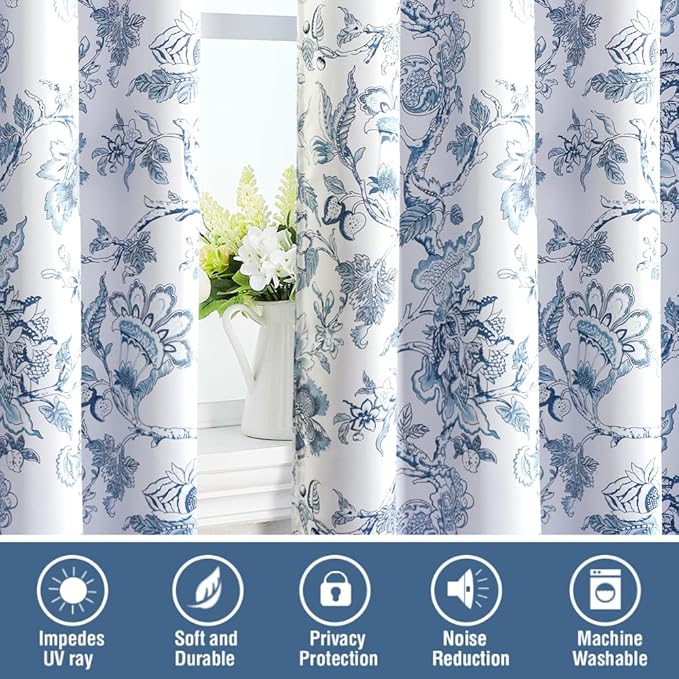 H.VERSAILTEX Blackout Curtains 108 Inch Length 2 Panels Set Floral Print Curtain Drapes for Living Room Thermal Insulated Grommet Window Curtains for Bedroom - Traditional Floral in Storm Blue