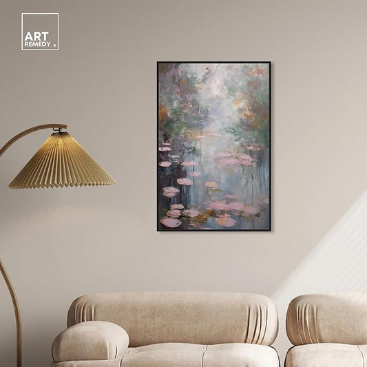 Art Remedy Pink Impressionisty Lilypads Framed Impressionism 1 Piece Canvas Wall Art/Monet And Van Gogh Inspired Art, 25" x 37", Black Frame