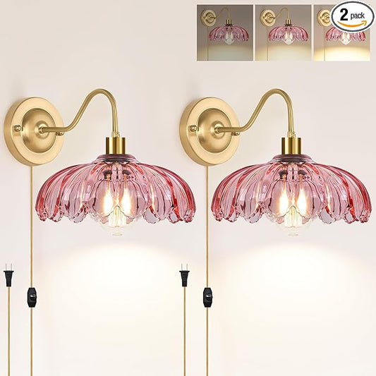 Vintage Plug in Wall Sconces Set of Two, Glass Wall Sconces Lamps with Flower Lampshade & Dimmable Plug in Cord, Dimmable Sconces Wall Decor Set of 2 Plug in Wall Lights Sconces for Bedroom