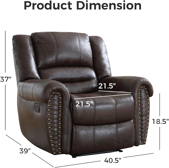 EBELLO Faux Leather Manual Recliner Chair, Classic Single Reclining Chair with Comfortable Armrest and Backrest, Vintage Rivet Mid-Century Design for Living Room, Bedroom, Dark Brown