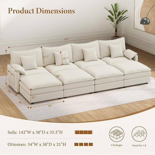 Vesgantti 142" Oversized Sectional Sofa Bed, 8-Seater Modular Sleeper Cloud Couch with Movable Ottoman, Chenille Convertible Sofa Set Deep Seat Couches for Living Room, Bedroom and Apartment, White | Sink-in Comfort, Height Adjustable, Easy Rearrangeme...