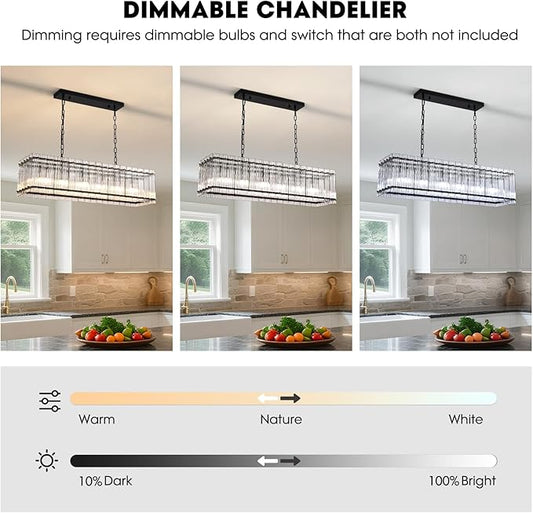 NOXARTE 40 Inch Modern Black Crystal Chandelier for Dining Room, 6-Lights Large Ribbed Glass Rectangle Chandelier Height Adjustable Rectangular Hanging Light Fixture for Living Room, Kitchen Island