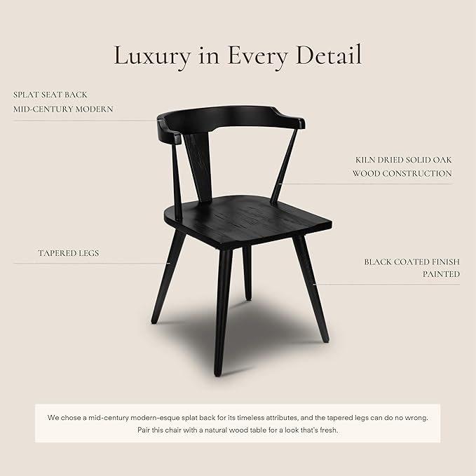 Poly & BARK Mid Century Modern Enzo Black Dining Chair – Solid Oak Wood Splat Back Chair, 18" Seat Height, 32" Tall – Stylish MCM Kitchen & Dining Room Chair - Set of 3