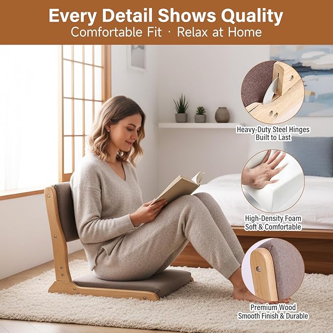 Tiita Tatami Foldable Meditation Floor Chair, Folding Floor Chairs Seat, Portable Japanese Legless Chair, Lazy Sofa for Bay Window Reading, Back Rest Chairs with Cushion, Wood Grey