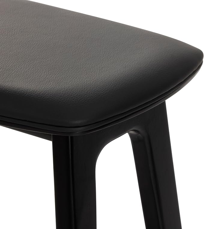 Plank+Beam Beryl Bar Height Stool - Mid-Century Modern Rubberwood Bar Stool with Faux Leather Seat, Metal Footrest, Easy Assembly, 4-Pack, Black/Black