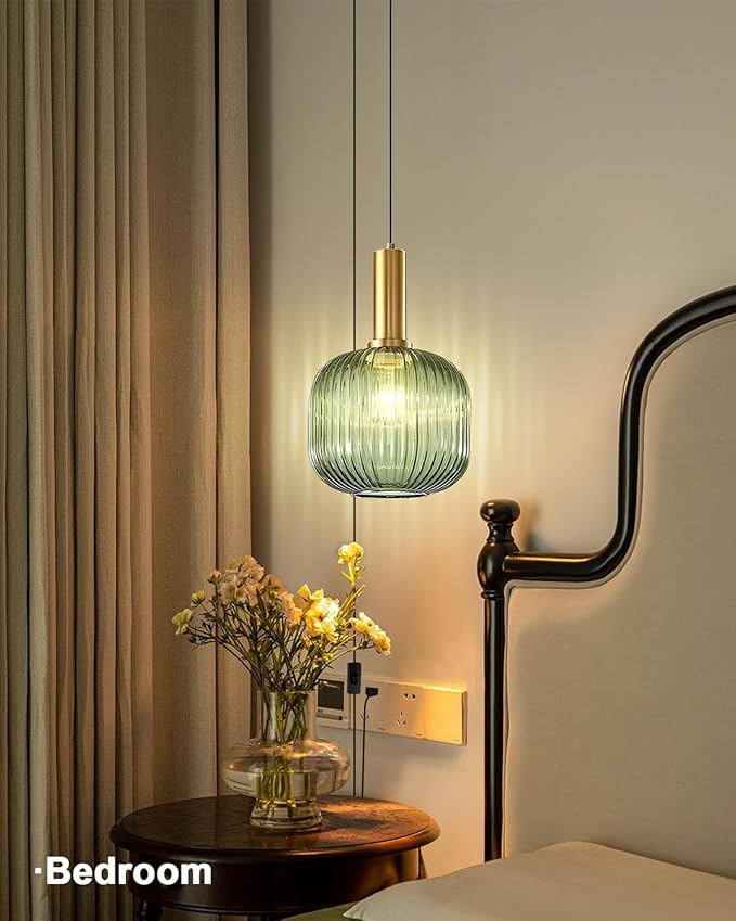 Plug in Pendant Light Green Glass Hanging Lights with Plug in Cord Vintage Gold Hanging Pendant Light Mid Century Modern Ceiling Hanging Lamp for Kitchen Island Dining Room Living Room Bedroom