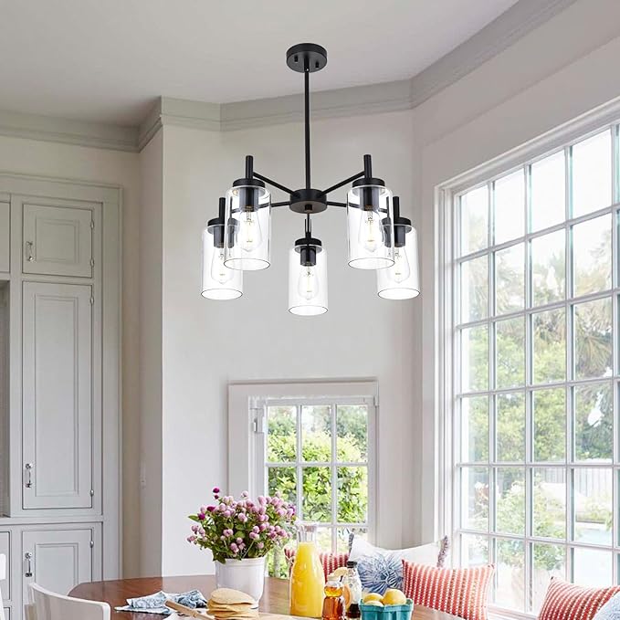 5-Light Contemporary Black Chandelier, Modern Industrial Dining Room Light Fixtures Over Table, Ceiling Hanging Kitchen Island Pendant Lighting Fixtures w/Clear Glass Shade for Entryway Foyer