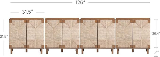 Nathan James Beacon Boho Accent Cabinet with Doors, TV Stand with Adjustable Interior Shelf and Seagrass Accent, Dark Brown, Set of 4