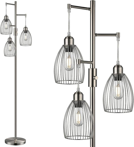 Nintiue Dimmable Floor Lamp, 3 x 800LM LED Edison Bulbs Included, Industrial Floor Lamp Standing Tree Lamp with Elegant Teardrop Cage Heads Tall Lamps for Living Room Bedroom-Brushed Nickel