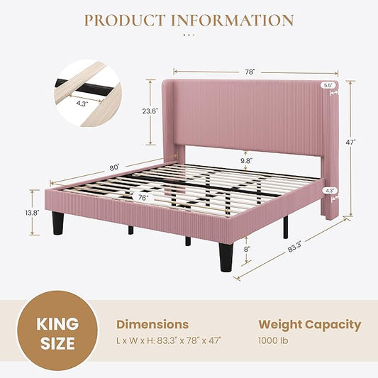 SHA CERLIN King Size Corduroy Upholstered Platform Bed Frame with Vertical Channel Tufted Wingback Headboard, 8" Under Bed Storage, Wooden Slats & Metal Frame Support, Easy Assembly, Light Pink