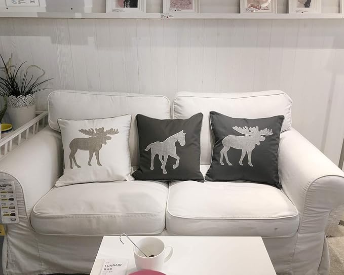 Moose Pillow Covers Decorative Cotton Linen Embroidered Cushions Covers 18x18 Inches (Grey)