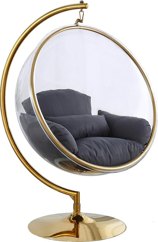 Meridian Furniture Luna Collection Modern | Contemporary Clear Acrylic Accent Swing Chair with Gold Metal Base and Durable Fabric Seat, 41.5" W x 29.5" D x 64" H, Grey