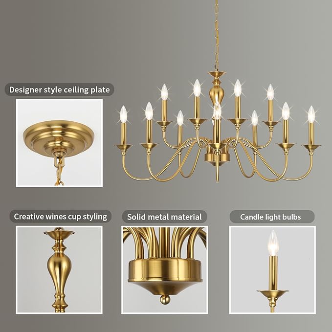 12 Light Gold Farmhouse Chandeliers for Dining Room Light Fixtures Over Table,Industrial Candle Hanging Chandelier for Living Room Foyer Staircase Bedroom Kitchen Island Restaurants