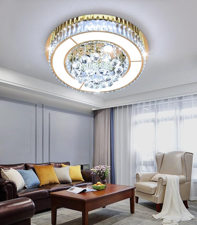 19.6'' Gold Modern Crystal Chandeliers for Dining Room LED Dimmable Light Fixtures Flush Mount Light Living Room Bedrooms