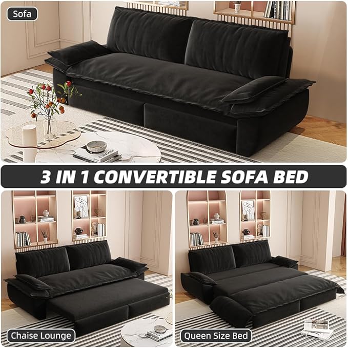 KEIKI 73.2" Queen Sleeper Sofa Bed, 3-in-1 Convertible Pull Out Couch with Chaise Lounge, Modern Velvet Futon Loveseat, Compact Sofa Bed for Small Apartment Studio Living Room Space Saving Furniture