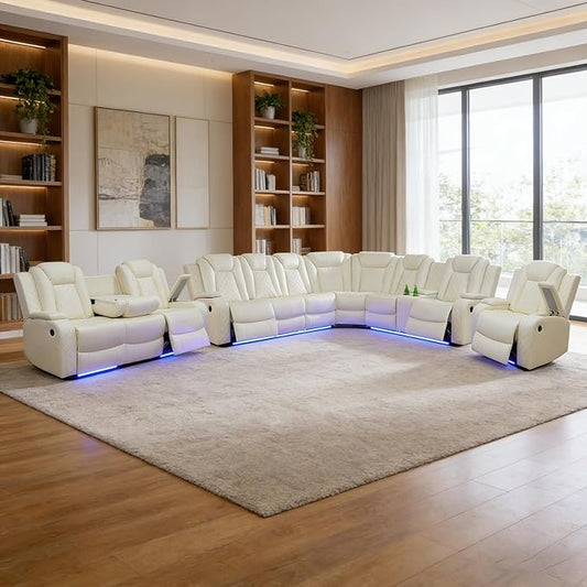 Power Recliner Sectional Sofa Set, Creamy Leather Sectional Couch Set with 5 Recliners for Living Room, L Shape Reclining Sofa with Cup Holder, Hidden Storage, Coffee Table for House(9 Seat)