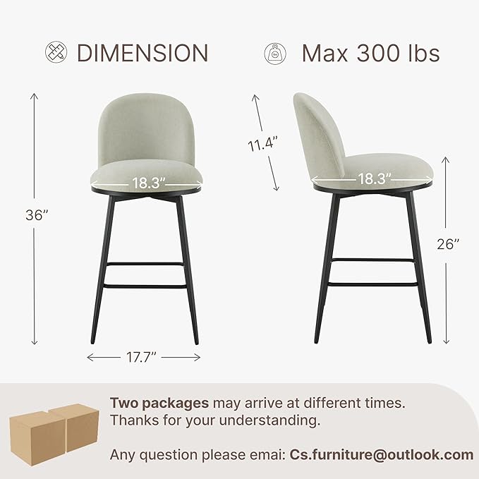 Swivel Bar Stools Set of 4, 26" H Upholstered Linen Fabric Barstools with Backs,Counter Height Stools with Metal Legs for Kitchen Island,Grey,2 Box