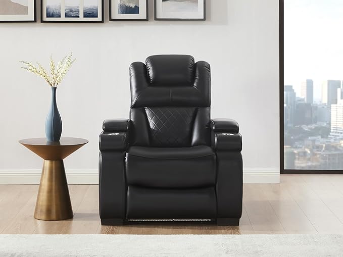 THSUPER Power Breathable Leather Reclining Chair with 7-Color LED Light, Living Room Recliner Chair with Adjustable Headrest/USB Port/Cup Holder/Storage Arm for Living Room, Black