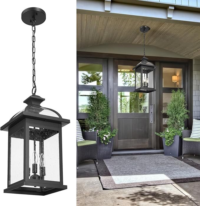 Darkaway Outdoor Pendant Lights for Porch, Extra Large 23inch Outdoor Chandelier 3-Light Hanging Lights Adjustable Hegiht Exterior Chandelier Ceiling Mount with Seeded Glass for House Patio Gazebo