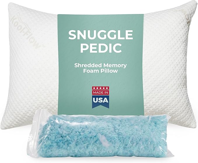 Snuggle-Pedic Queen Shredded Memory Foam Bed Pillow - Ergonomic Design with Cooling Airflow Cover - Custom Support for Side Sleepers, Pregnancy Relief Recovery Comfort & Dorm Essentials - USA Quality