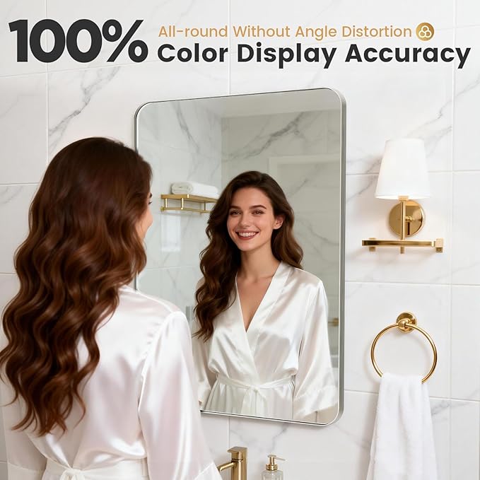 24X30 Inch Brushed Nickel Bathroom Mirror for Wall, Brushed Silver Metal Framed Mirror, Rounded Rectangle Silver Bathroom Mirrors, Tempered Glass, Anti-Rust, Hangs Horizontally or Vertically