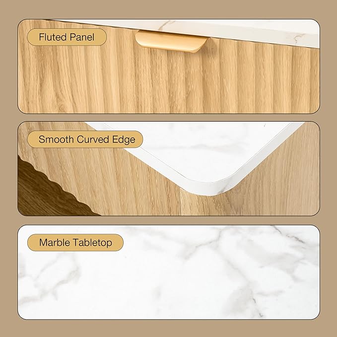 Fluted Dresser with Storage, Bedside Table with Drawer, Natural