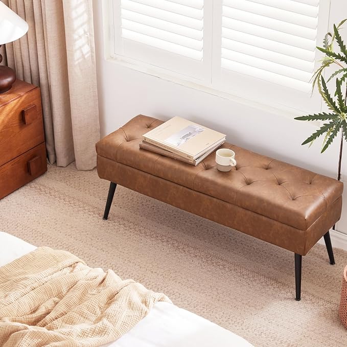 CUYOCA Storage Ottoman Bench, 40" Faux Leather Tufted Entryway Bench, Long Ottoman with Storage for Living Room, Support 660lbs - Cognac Brown