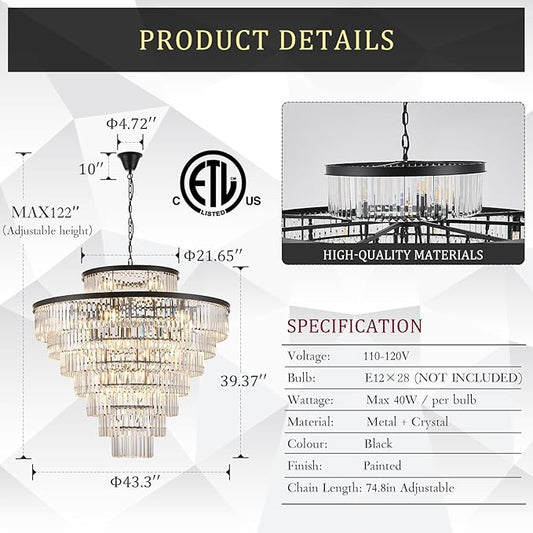 43.3" Large Crystal Chandeliers 28 Lights Black Modern Chandelier for Foyer Staircase High Ceiling 8 Tiers Round K9 Ceiling Pendant Lighting Fixture Luxury for Lobby Living Room