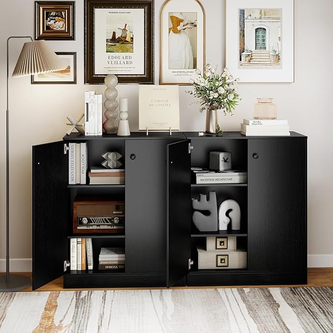 Giantex 2 Door Storage Base Cabinet - Freestanding Floor Cabinet with 3-Tier Shelf, Non-Slip Foot Pads, Kitchen Cupboard Storage Organizer for Living Room, Hallway, Entryway, Office (Black)