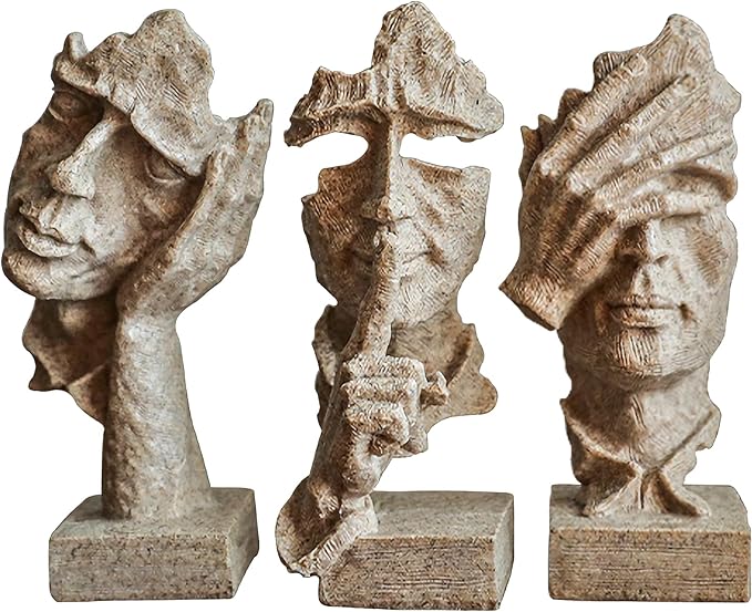 3 Pcs Thinker Statue, Silence is Sandstone Abstract Art Figurine, Modern Home Resin Decorative Objects Decor for Home Office Bookshelf Desktop,No Hear No See No Speak Knick Knacks