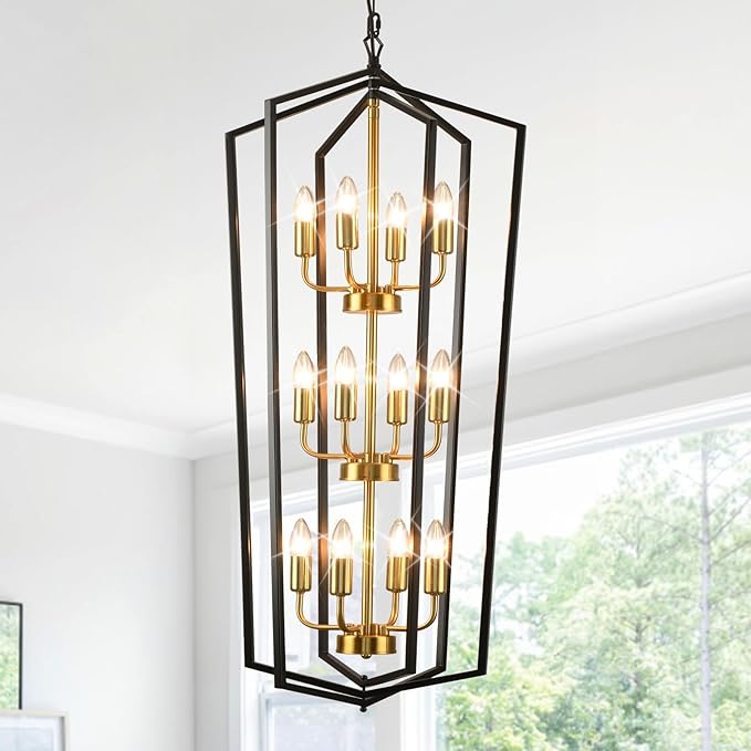 WJShome Modern Black and Gold Chandelier, 12-Light Tiered Lantern Pendant Light Fixture, Long Chandeliers for High Ceilings, Farmhouse Foyer Lighting Fixtures, for Living Room Staircase Entryway