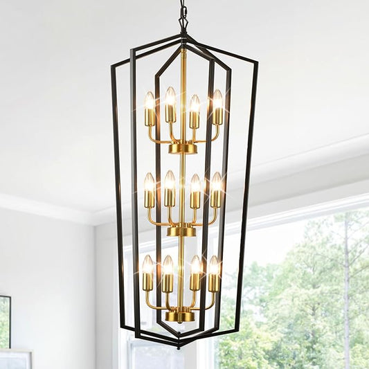 WJShome Modern Black and Gold Chandelier, 12-Light Tiered Lantern Pendant Light Fixture, Long Chandeliers for High Ceilings, Farmhouse Foyer Lighting Fixtures, for Living Room Staircase Entryway