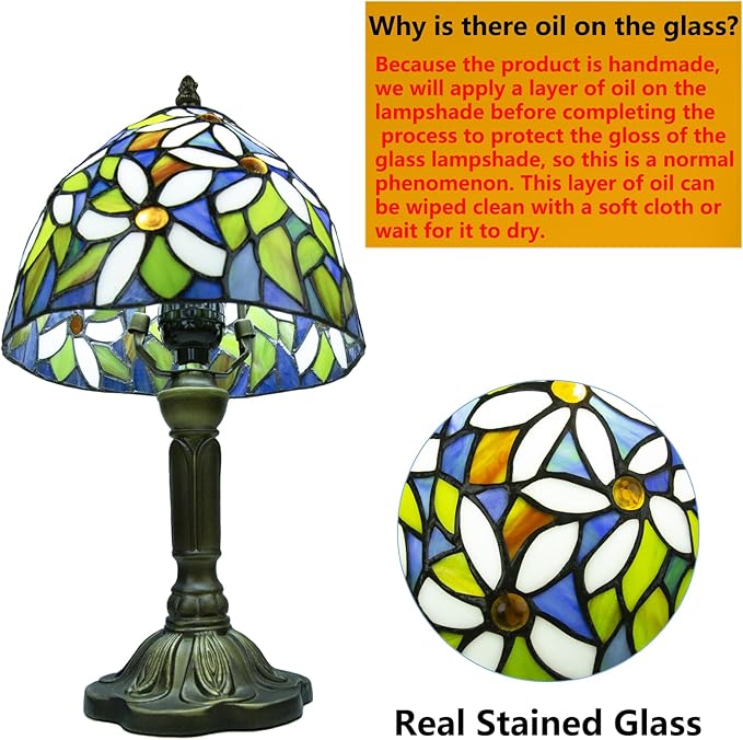 Crefotu Tiffany Style Table Lamp, 3 Color Temperatures Bedside Lamp, 8 Inch Stained Glass Desk Light for Home Office Bedroom Living Room (White Petal Pattern)